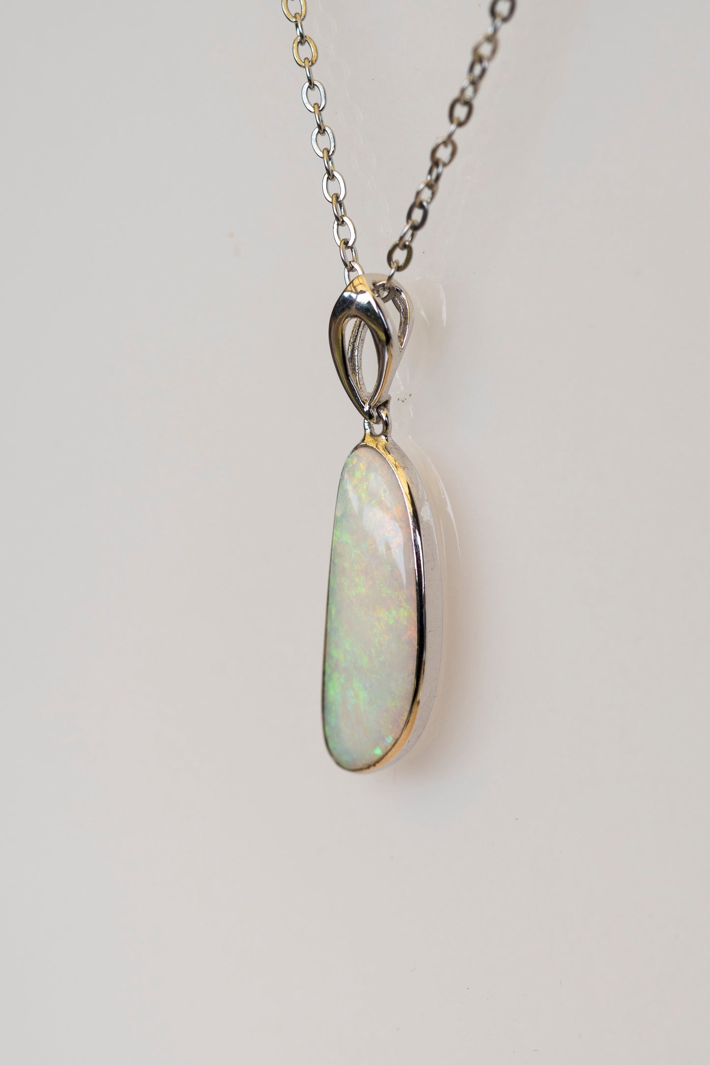Australian White Crystal Opal - Genuine Authentic Multi Color Fire Opal Necklace - Solid Opal Gem Stone Pendant in Sterling Silver White Gold Plated