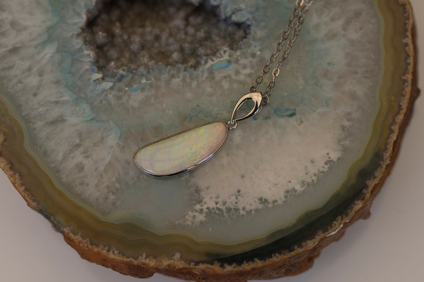 Australian White Crystal Opal - Genuine Authentic Multi Color Fire Opal Necklace - Solid Opal Gem Stone Pendant in Sterling Silver White Gold Plated