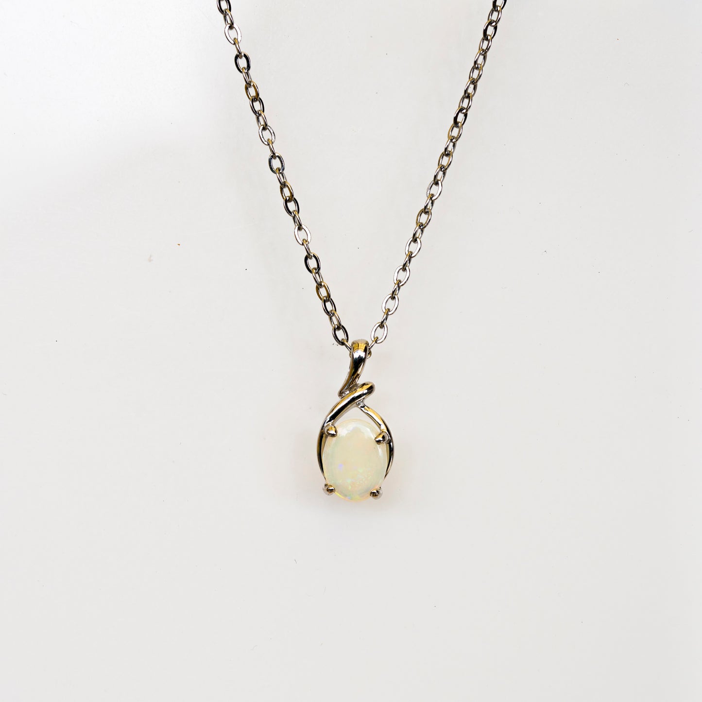 Natural Australian Solid Opal Necklace – Multi-Color White Opal Gemstone Pendant, Sterling Silver with White Gold Plating