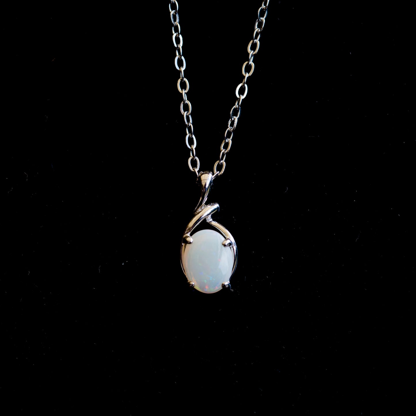 Natural Australian Solid Opal Necklace – Multi-Color White Opal Gemstone Pendant, Sterling Silver with White Gold Plating