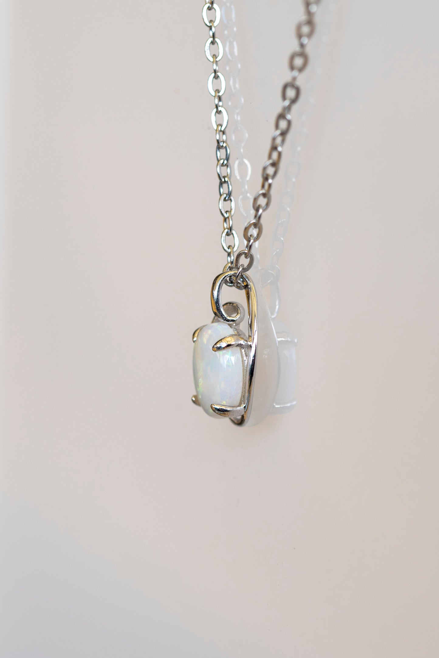 Australian White Opal Necklace – Genuine Multi-Color Solid Opal Pendant in Sterling Silver with White Gold Plating