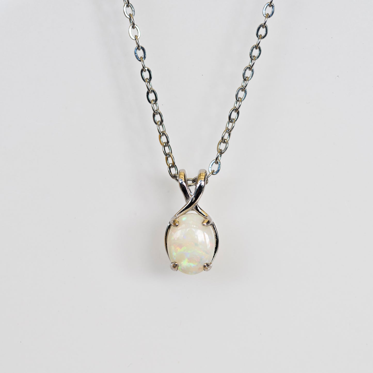 Dainty Australian Opal Pendant – Natural Solid White Opal Necklace with Multi-Color Fire, Sterling Silver White Gold Plated