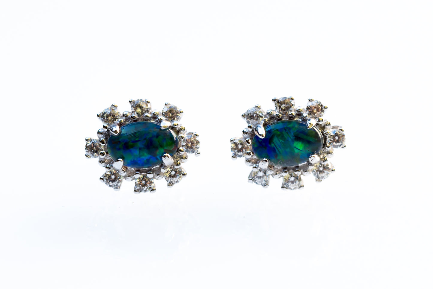 Dainty Australian Opal Earrings - Green Blue Fire Opal - Genuine Australian Triplet Opal Earrings in Sterling Silver White Gold Plated