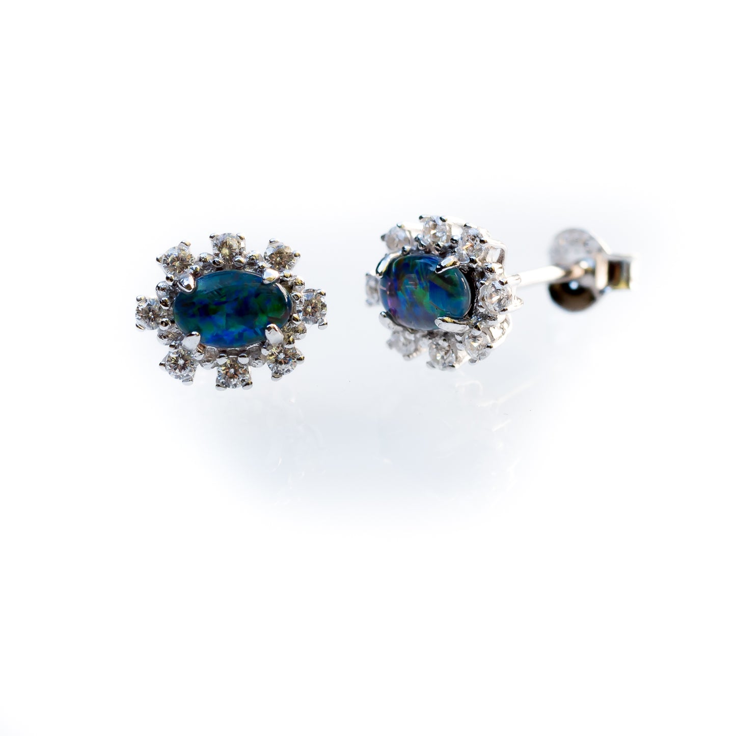 Dainty Australian Opal Earrings - Green Blue Fire Opal - Genuine Australian Triplet Opal Earrings in Sterling Silver White Gold Plated