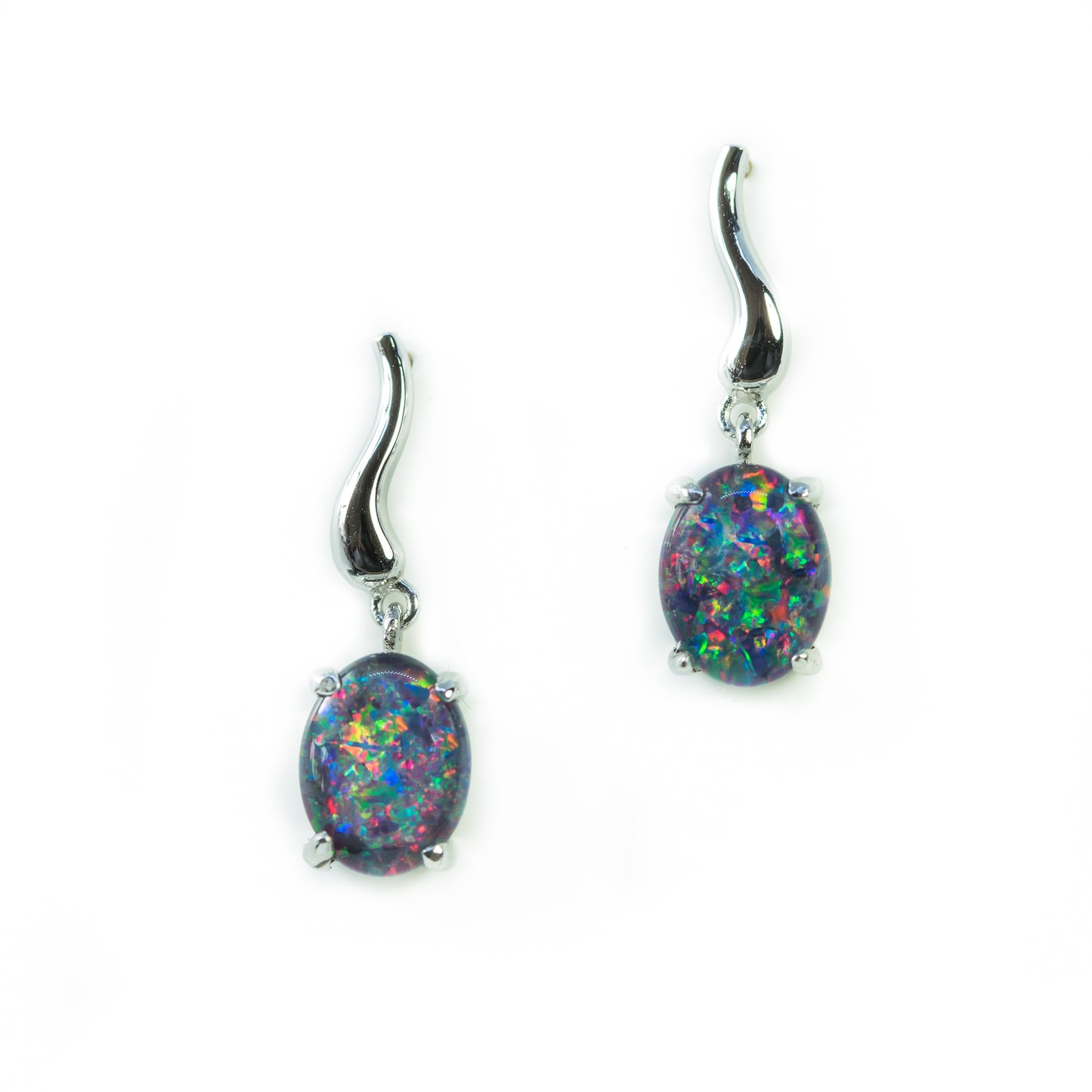Australian Opal Earrings - Multi Color Fire Opal - Genuine Australian Triplet Opal Earrings in Sterling Silver White Gold Plated