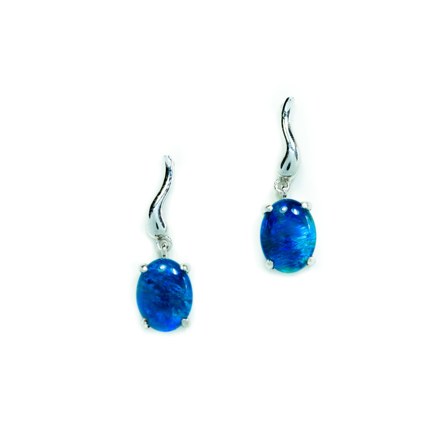 Australian Triplet Opal Earrings -Ocean Blue Opal - Genuine Australian Triplet Opal Earrings in Sterling Silver White Gold Plated