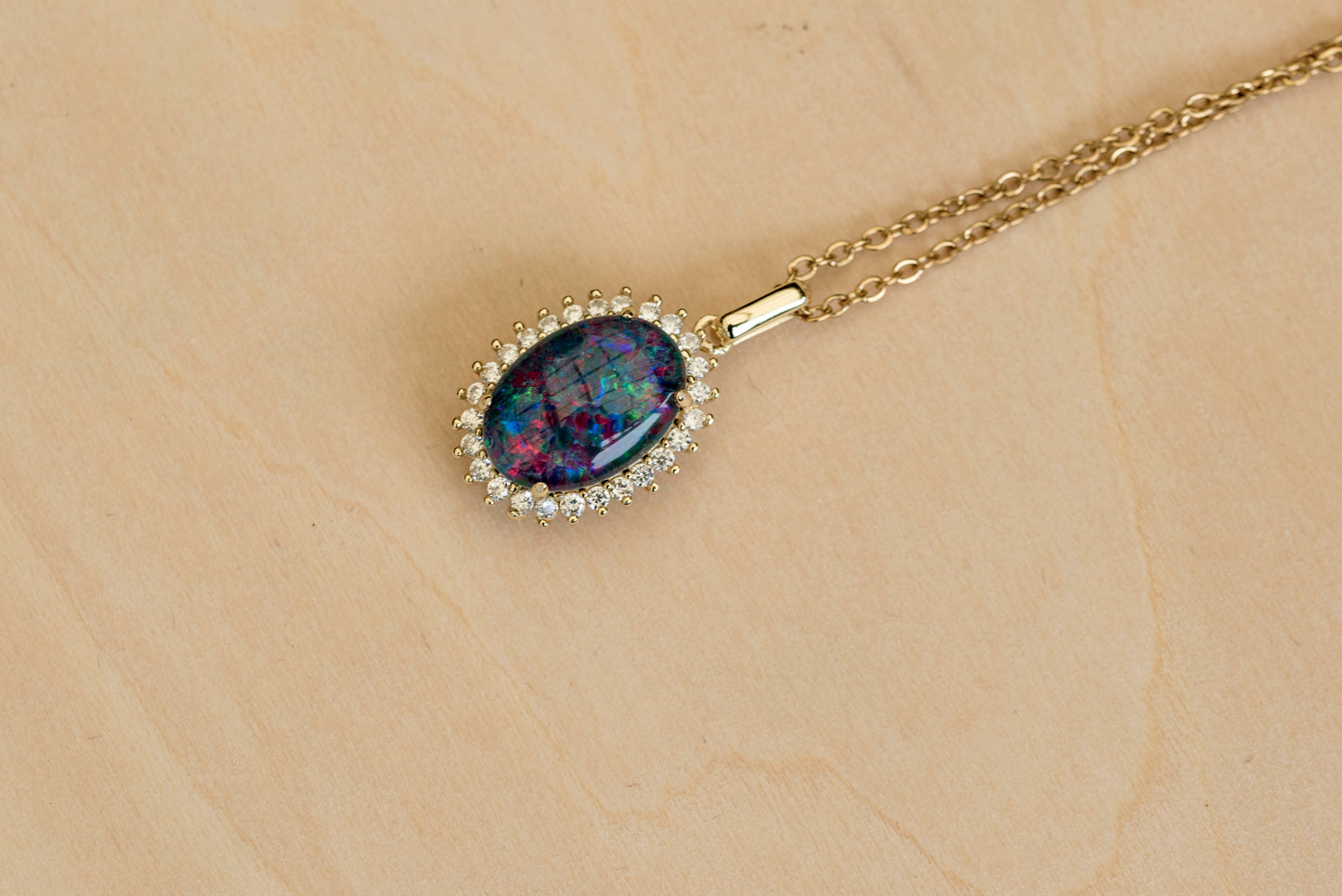 Australian Opal Halo Cluster Luxury Design - Multi Color Fire Opal Necklace - Genuine Australian Triplet Opal Necklace Pendant in Sterling Silver Yellow Gold Plated