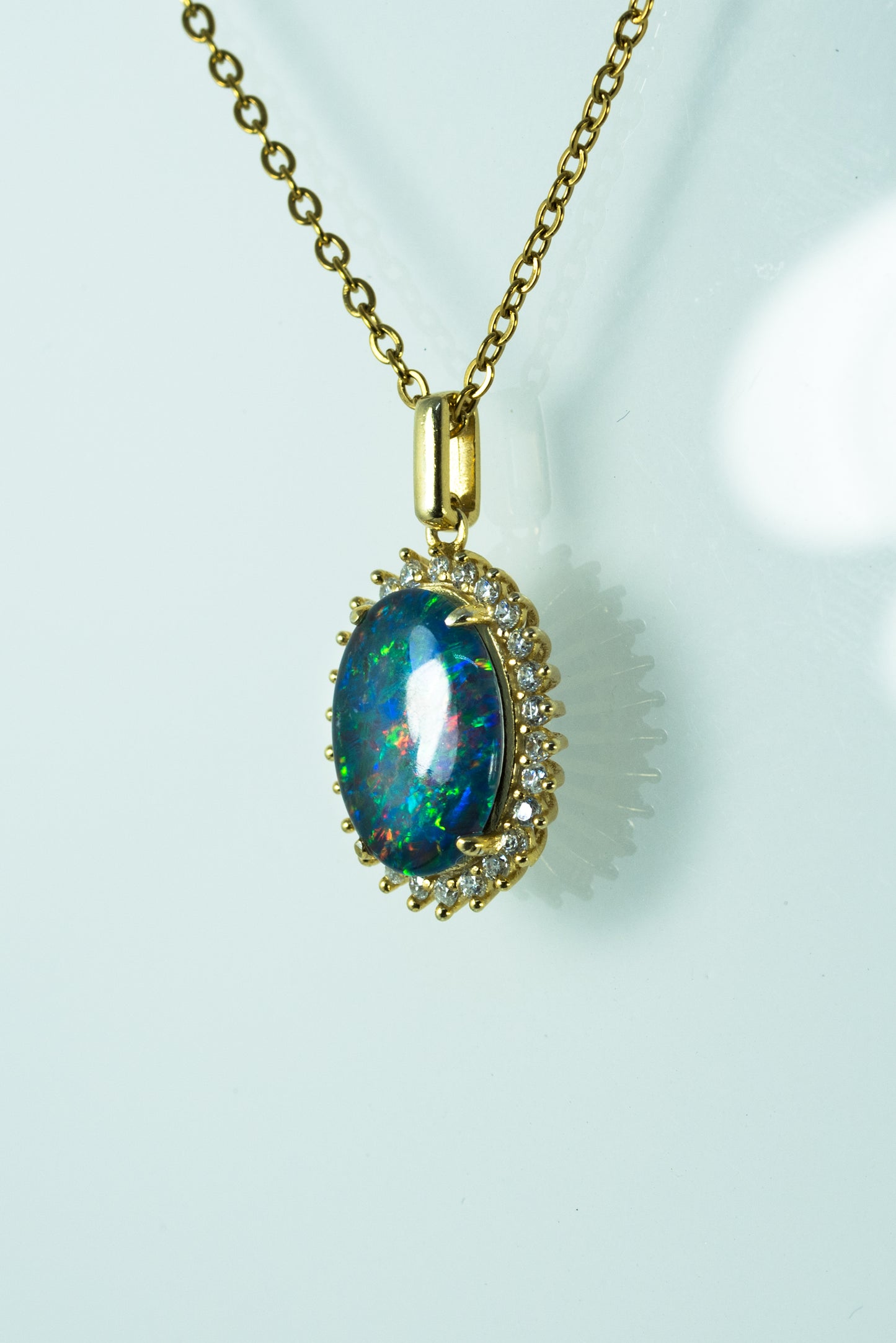 Australian Opal Halo Cluster Luxury Design - Multi Color Fire Opal Necklace - Genuine Australian Triplet Opal Necklace Pendant in Sterling Silver Yellow Gold Plated