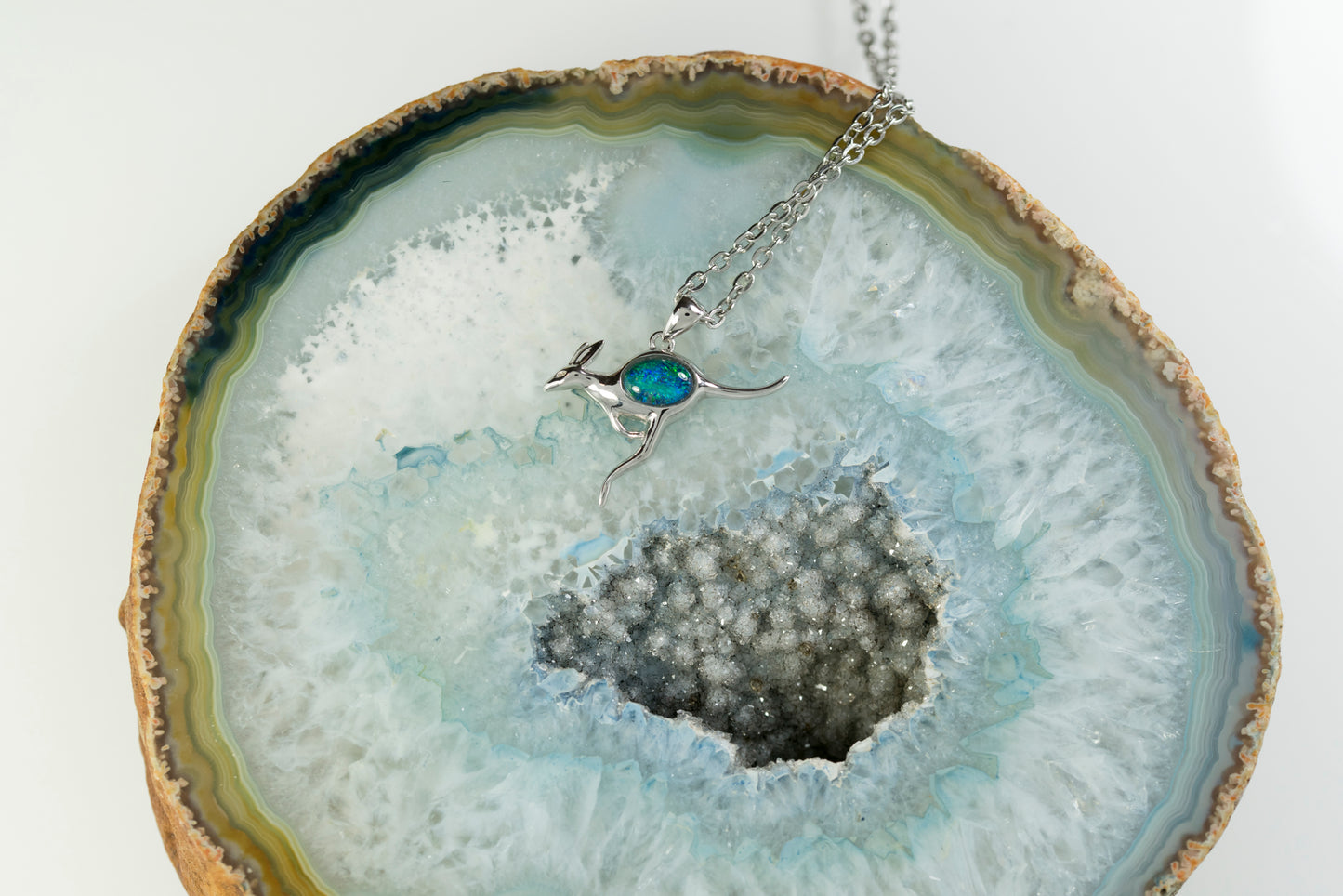 Australian Opal Kangaroo Pendant - Multi Color Fire Opal Necklace - Genuine Australian Triplet Opal Necklace Pendant in Sterling Silver White Gold Plated
