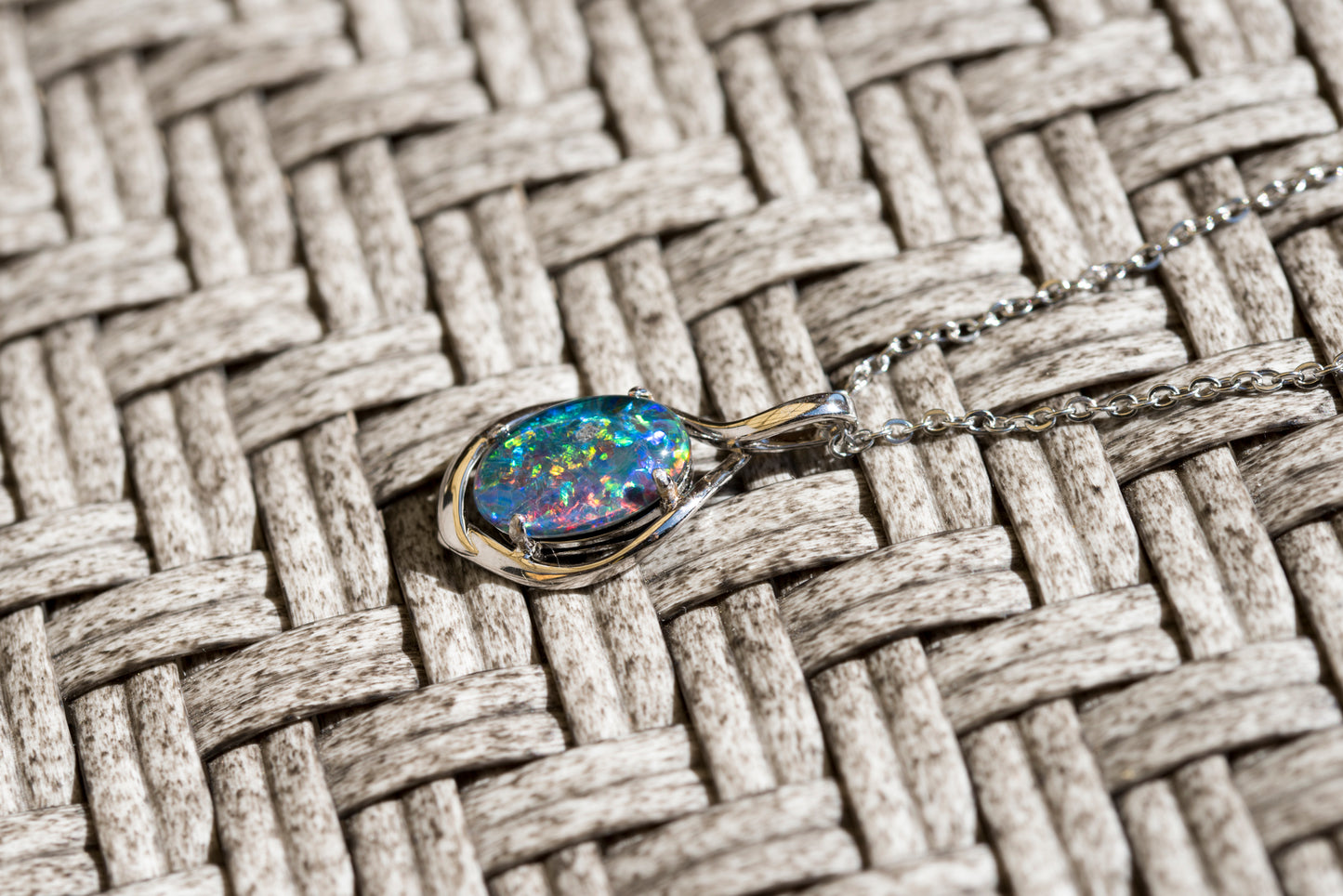 Australian Black Opal Triplet 14x10 mm - Large Genuine Australian Triplet Opal Necklace Pendant - White Gold Plated on Sterling Silver - Multi Color