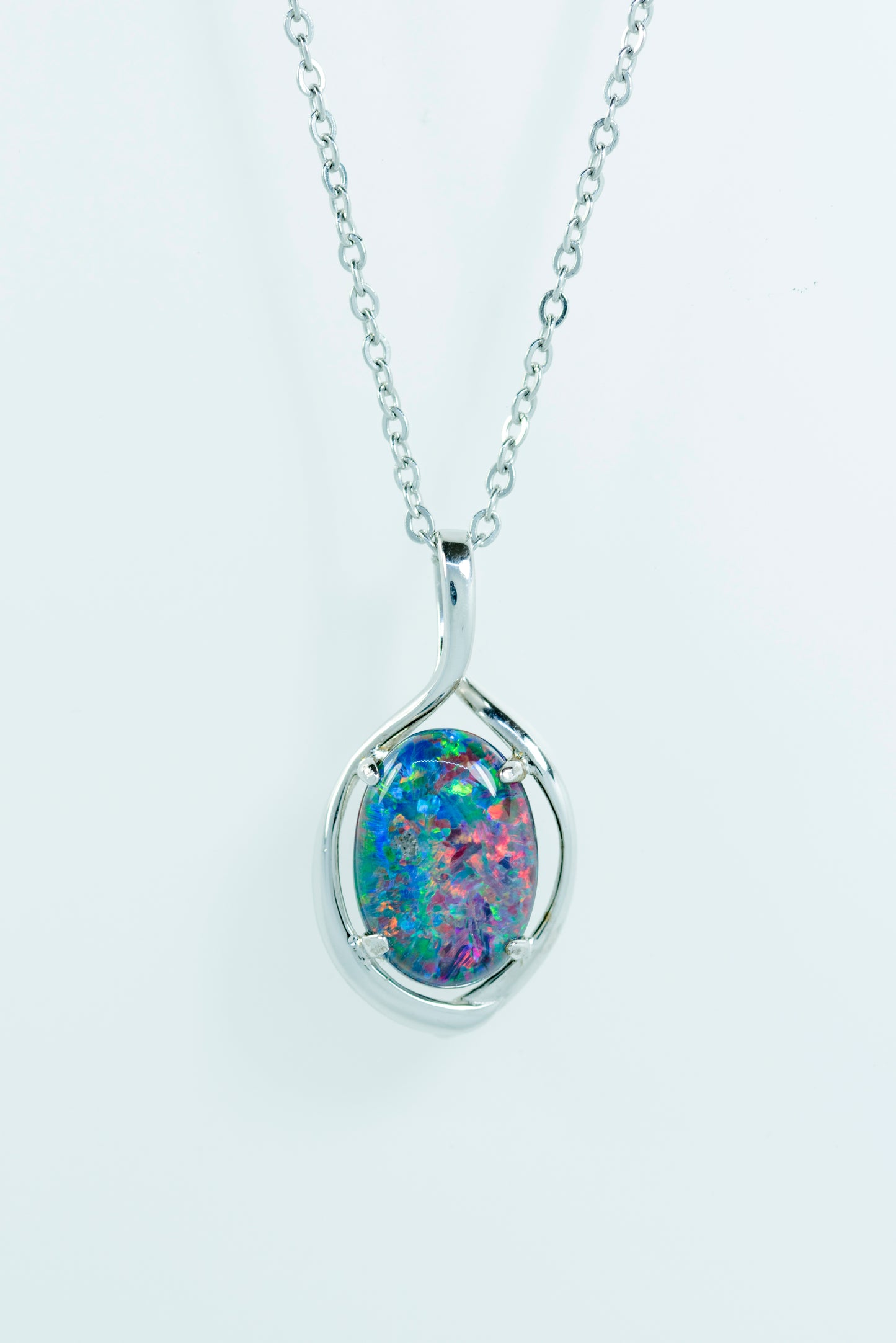 Australian Black Opal Triplet 14x10 mm - Large Genuine Australian Triplet Opal Necklace Pendant - White Gold Plated on Sterling Silver - Multi Color
