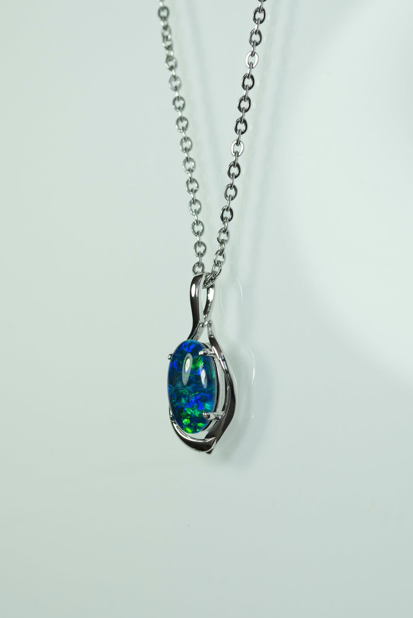Australian Black Opal Triplet 14x10 mm - Large Genuine Australian Triplet Opal Necklace Pendant - White Gold Plated on Sterling Silver - Blue Green Color