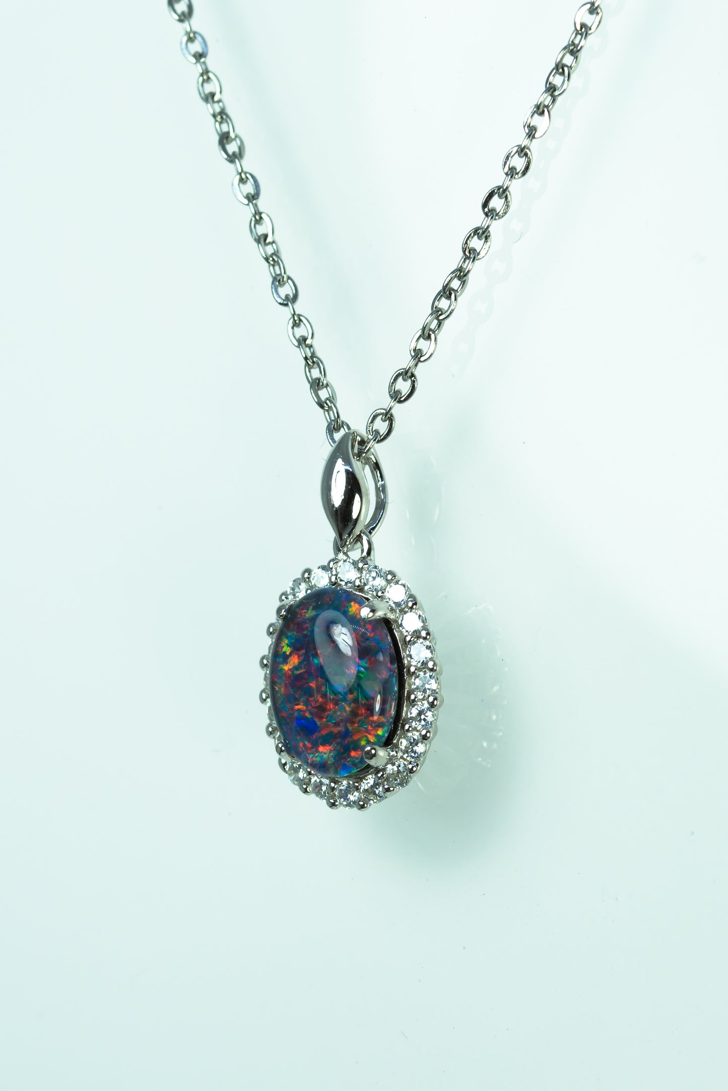 Australian Triplet Opal - Halo Cluster Multi Color Fire Opal Necklace - Genuine Australian Triplet Opal Necklace Pendant in Sterling Silver White Gold Plated
