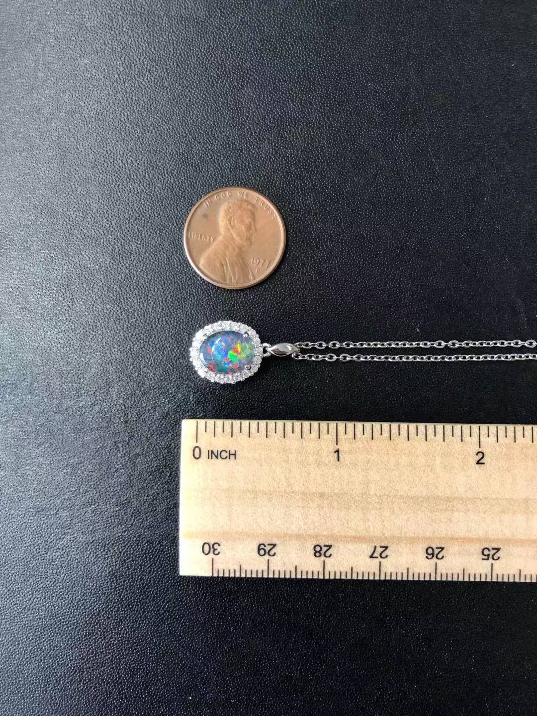 Australian Triplet Opal - Halo Cluster Multi Color Fire Opal Necklace - Genuine Australian Triplet Opal Necklace Pendant in Sterling Silver White Gold Plated