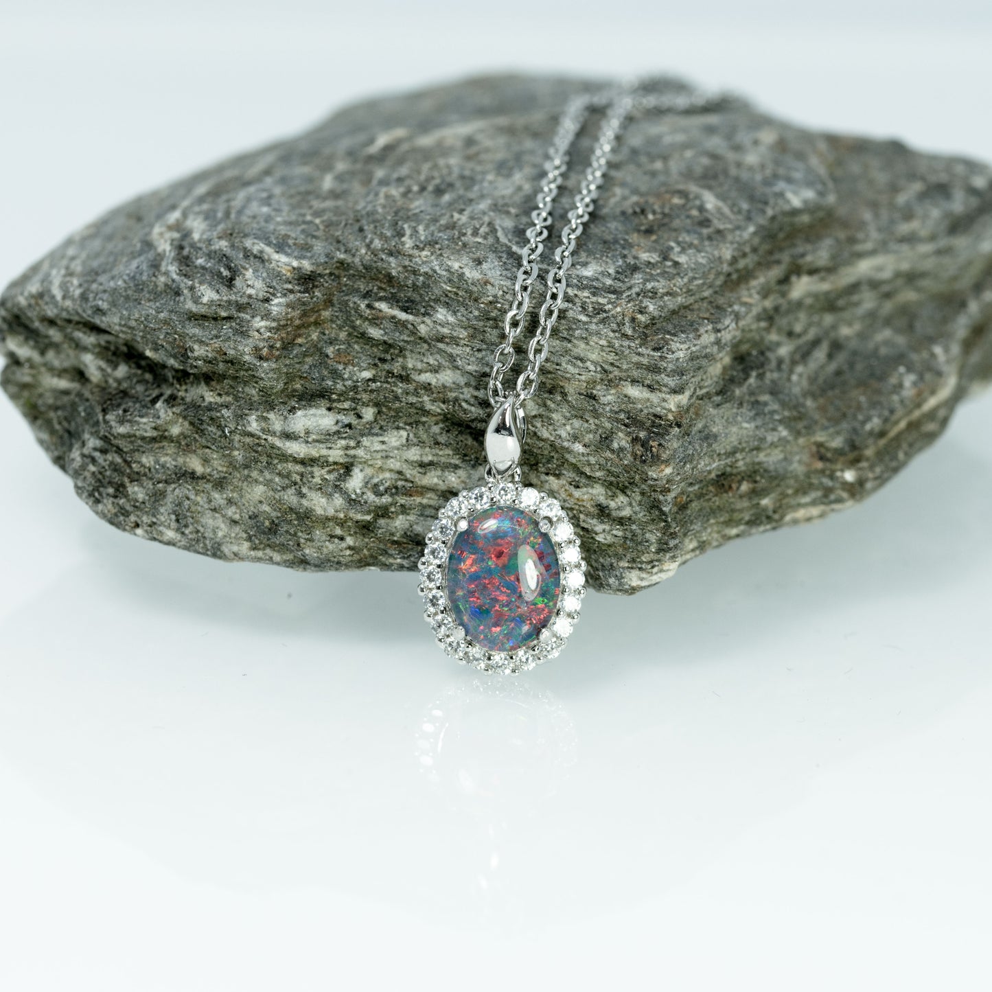 Australian Triplet Opal - Halo Cluster Multi Color Fire Opal Necklace - Genuine Australian Triplet Opal Necklace Pendant in Sterling Silver White Gold Plated