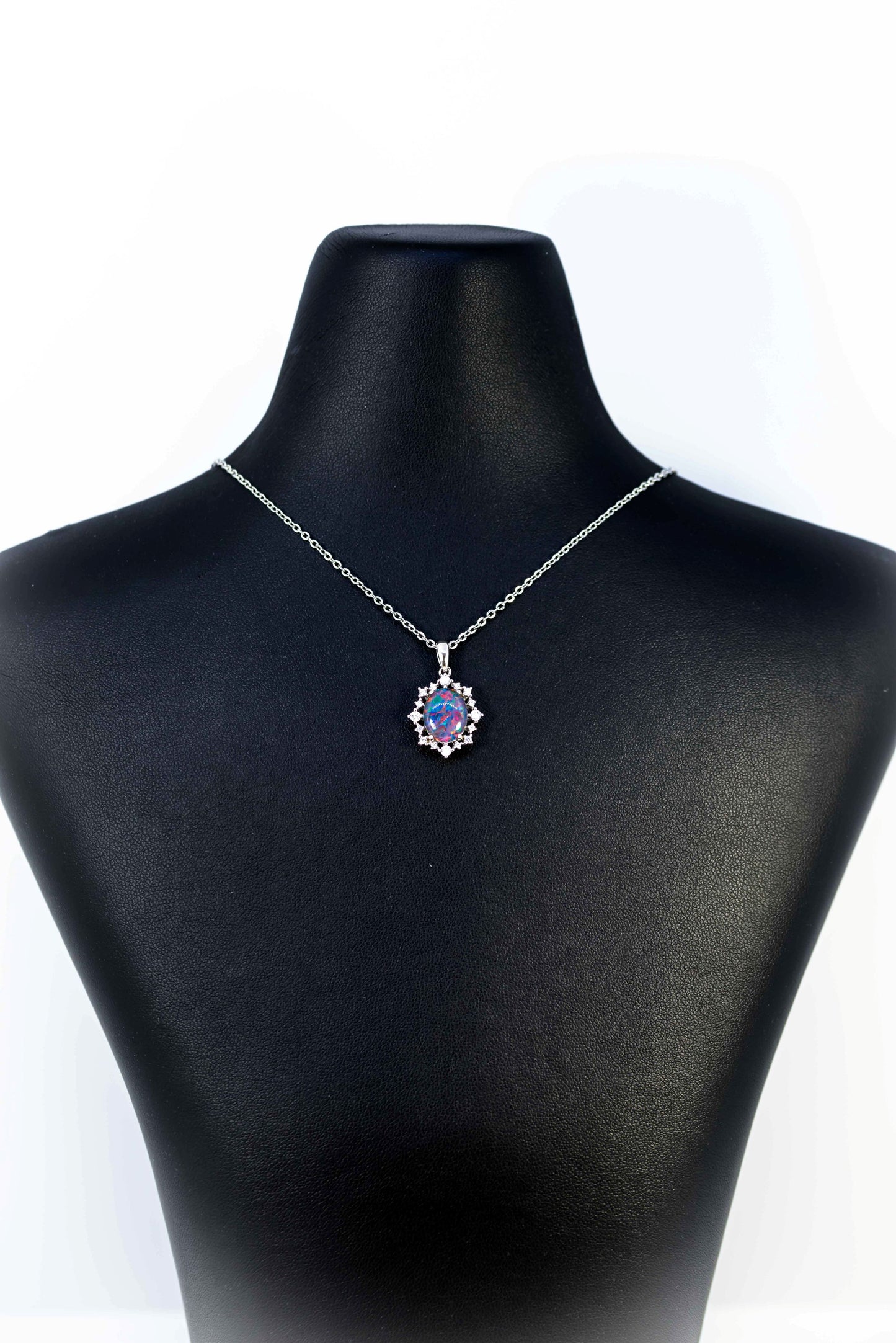 Halo Cluster Multi Color Fire Opal Necklace - Genuine Australian Triplet Opal Necklace Pendant in Sterling Silver White Gold Plated for Women