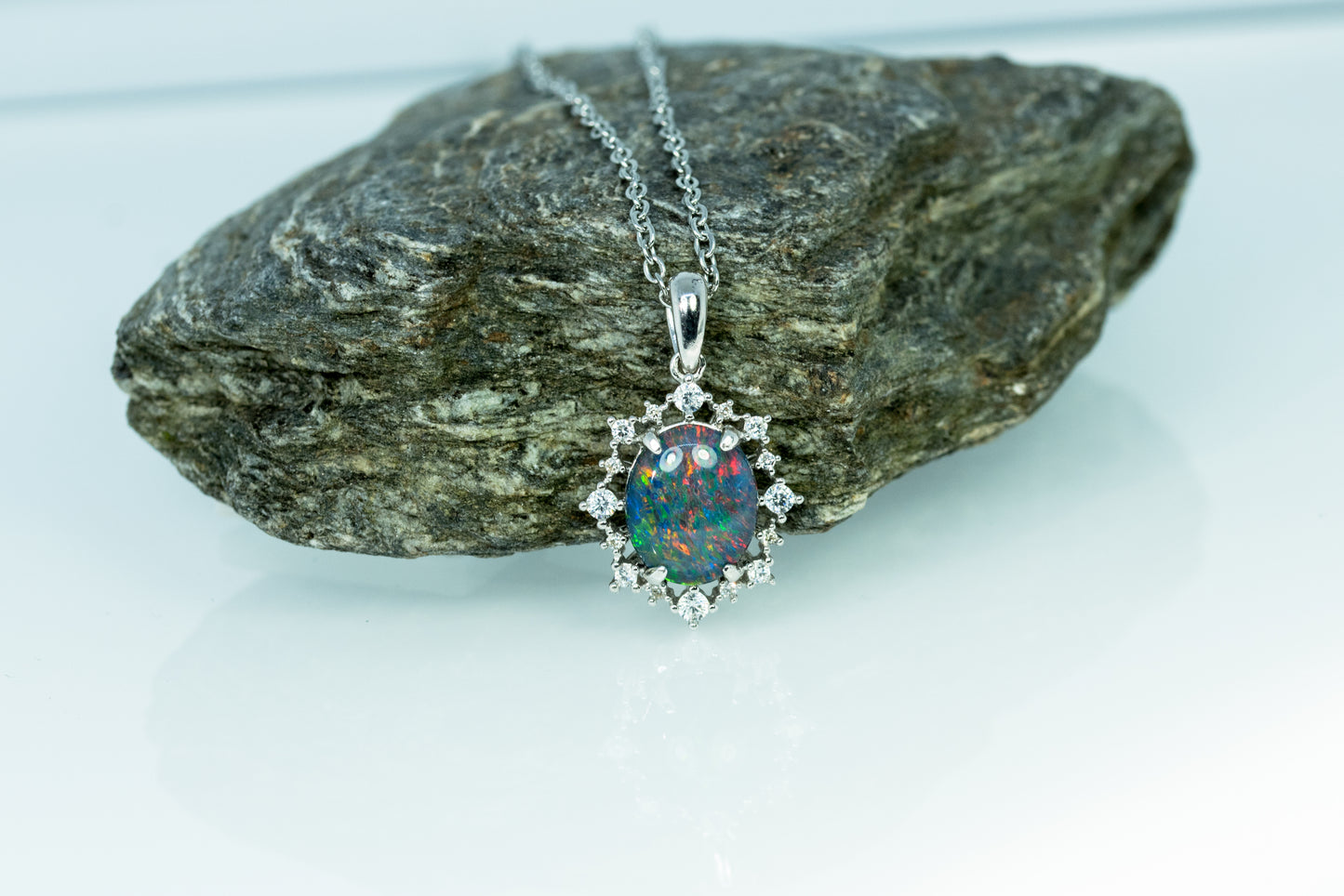Halo Cluster Multi Color Fire Opal Necklace - Genuine Australian Triplet Opal Necklace Pendant in Sterling Silver White Gold Plated for Women