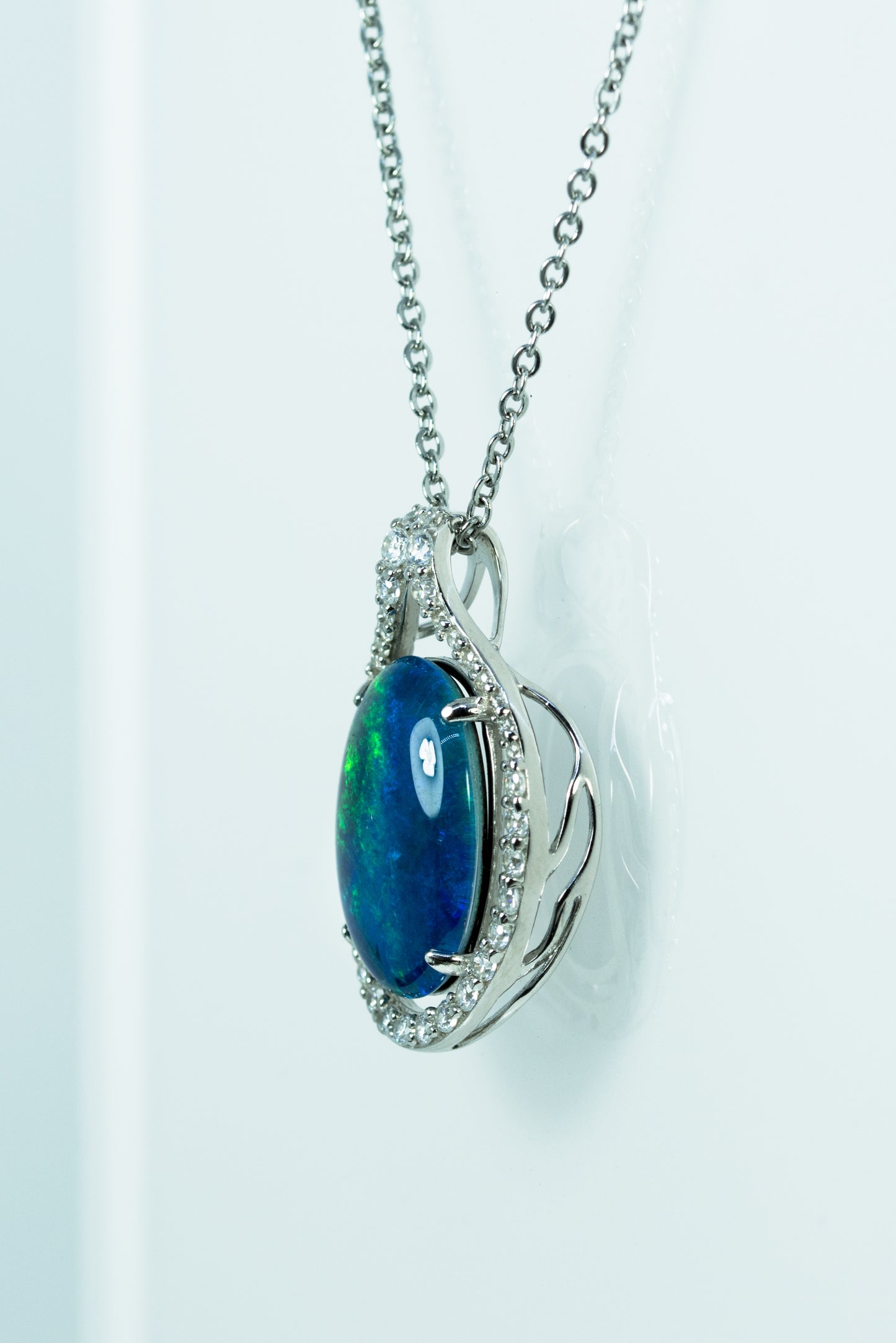 Large Australian Triplet Opal - Halo Cluster Deep Ocean Blue Fire Opal Necklace - Sterling Silver White Gold Plated