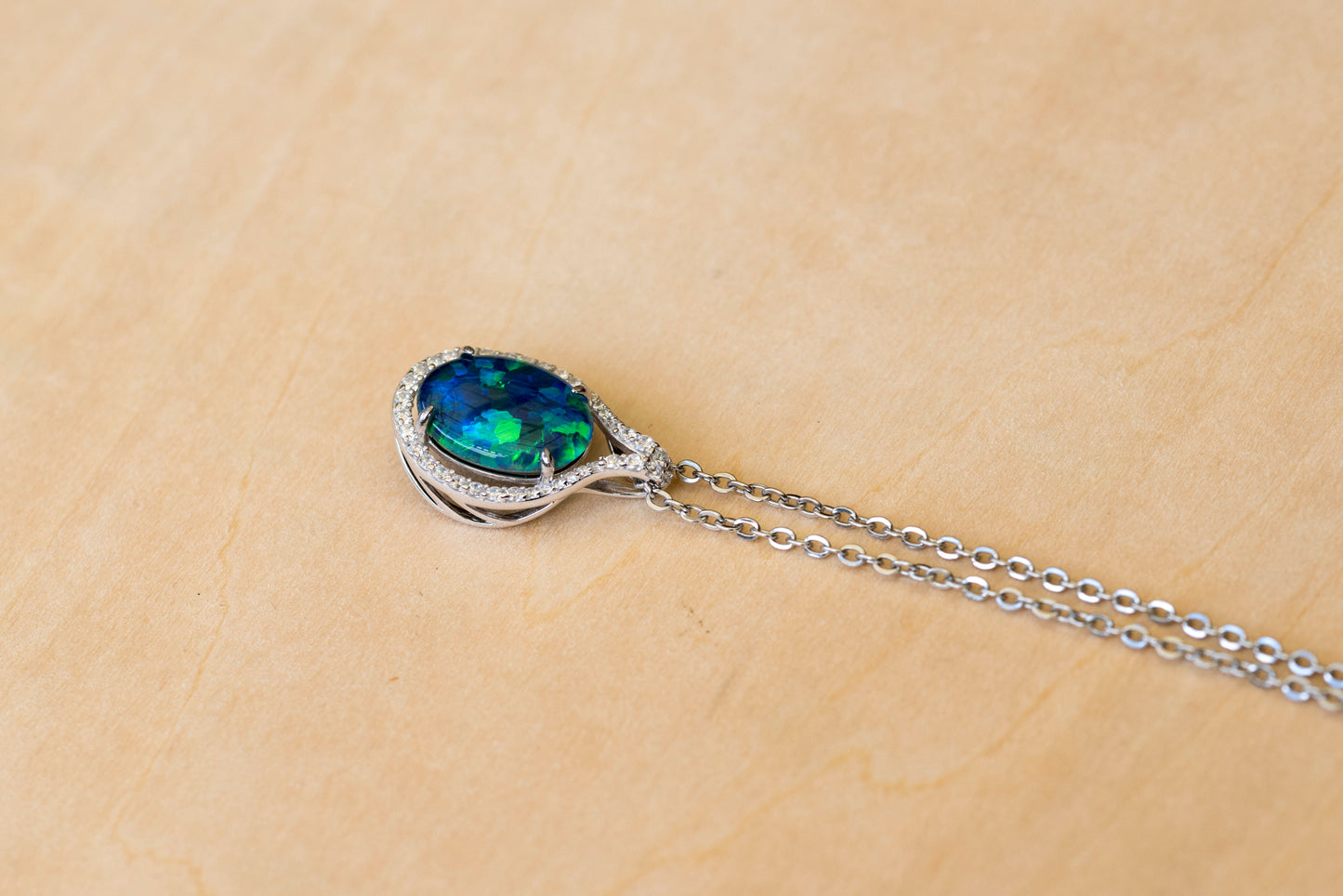 Large Australian Triplet Opal - Halo Cluster Deep Ocean Blue Fire Opal Necklace - Sterling Silver White Gold Plated