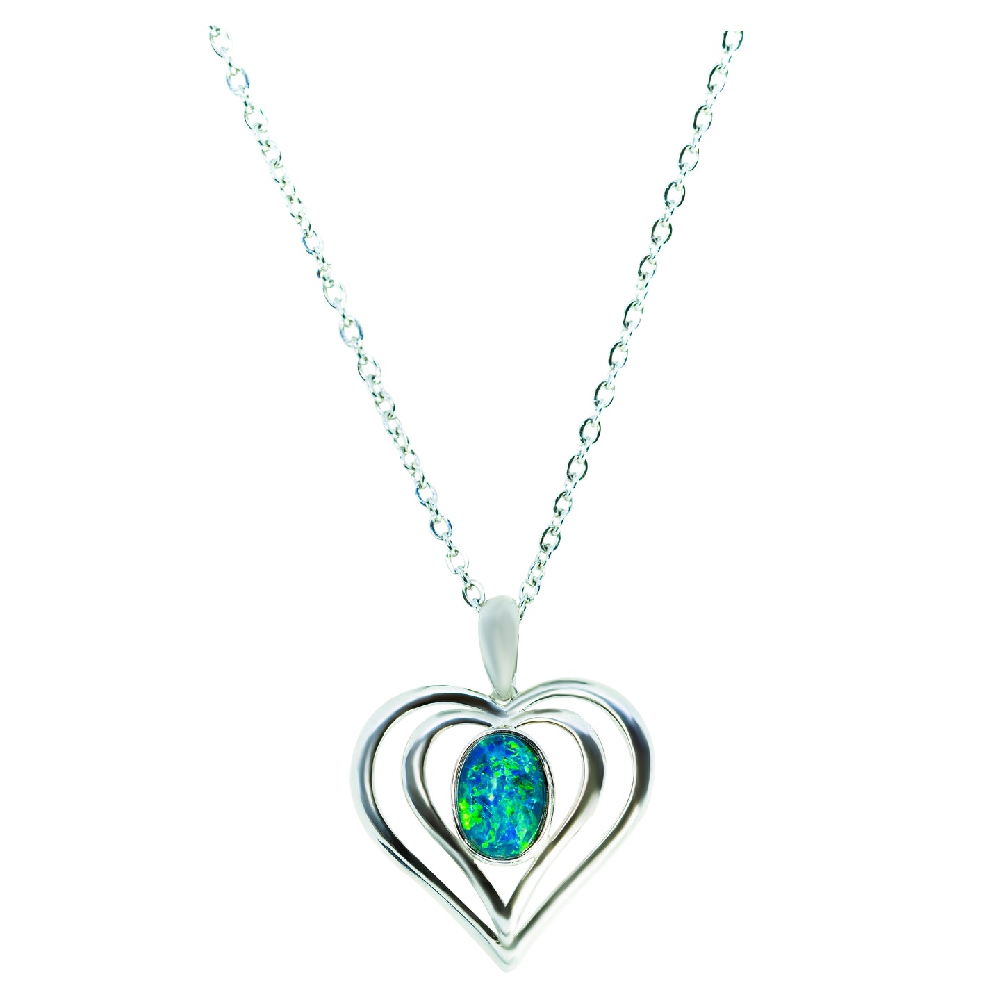 Heart Pendant in Australian Triplet Opal - Fire Opal Necklace - Genuine Australian Triplet Opal Necklace Pendant in Sterling Silver White Gold Plated