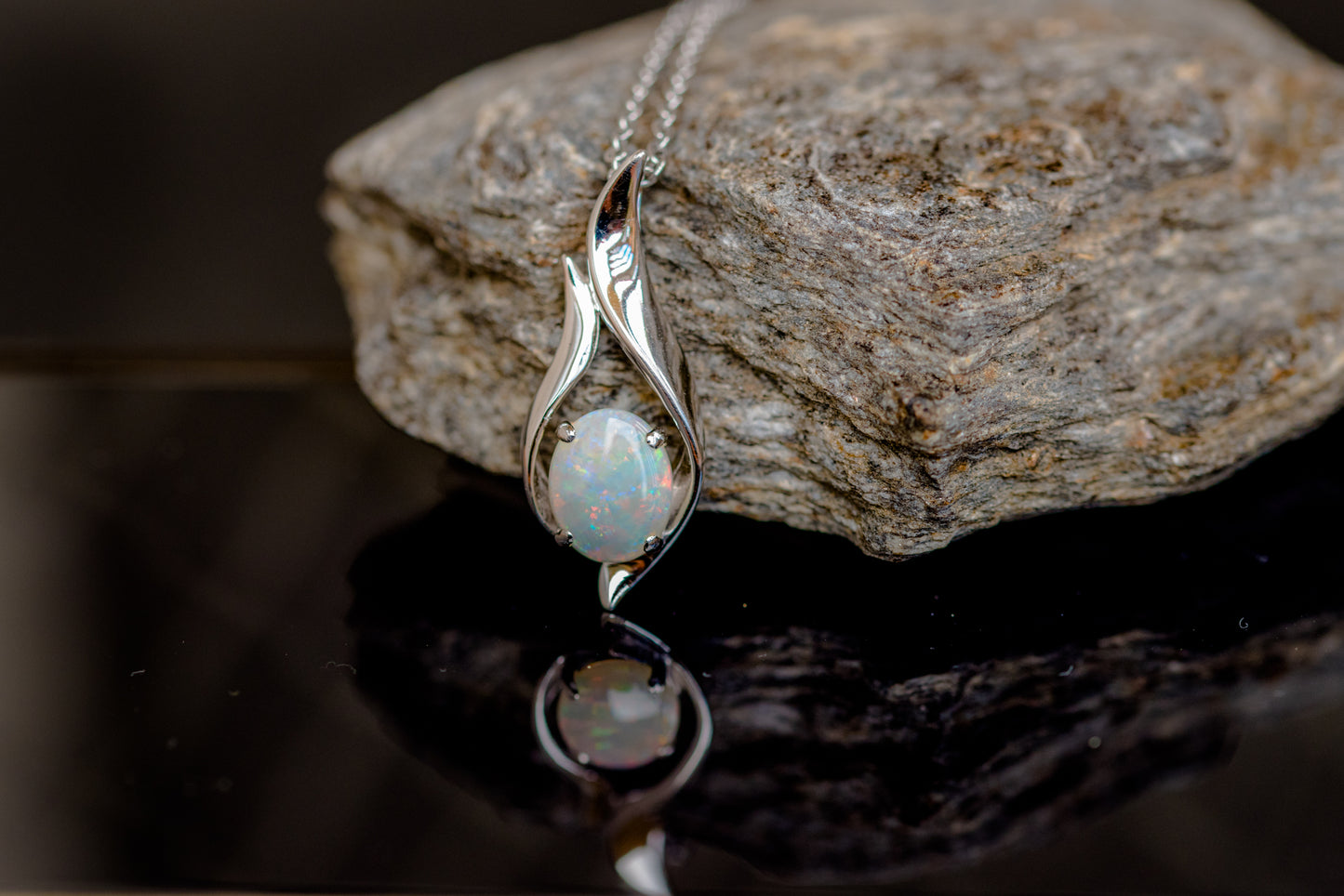 Solid Australian Opal - Authentic Multi Color Fire Opal Necklace - Australian Opal Necklace Pendant in Sterling Silver White Gold Plated