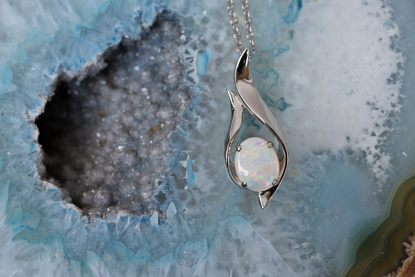 Solid Australian Opal - Authentic Multi Color Fire Opal Necklace - Australian Opal Necklace Pendant in Sterling Silver White Gold Plated
