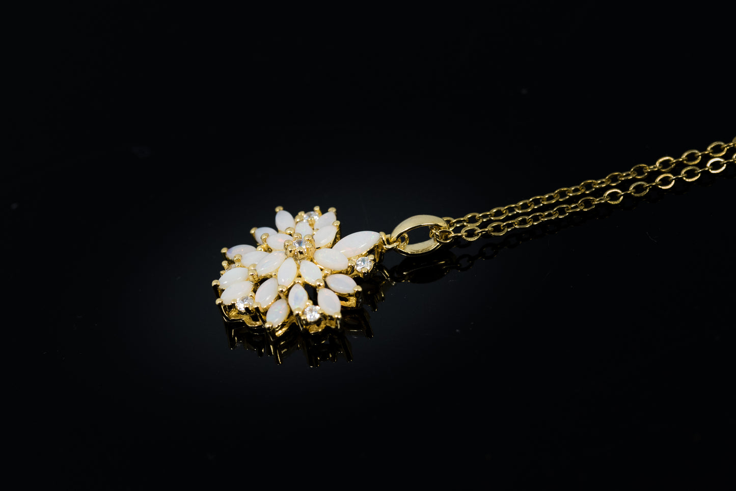 Australian Natural Opal Flower Necklace: Sterling Silver Yellow Gold Plated Pendant