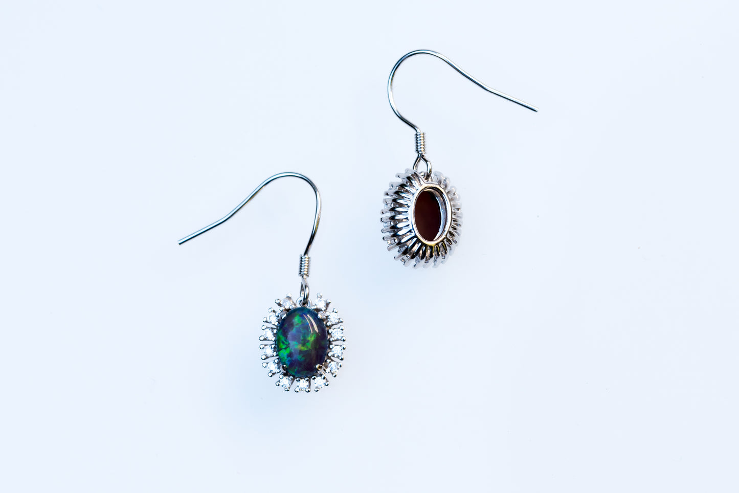 Australian Triplet Opal Earrings - Green Blue Fire Opal - Genuine Australian Triplet Opal Earrings in Sterling Silver White Gold Plated