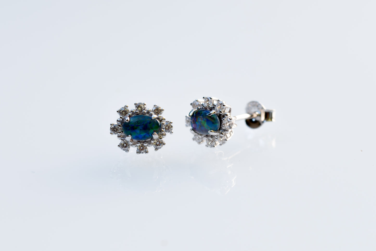 Dainty Australian Opal Earrings - Green Blue Fire Opal - Genuine Australian Triplet Opal Earrings in Sterling Silver White Gold Plated