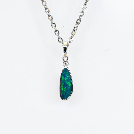 Australian Opal in 14K Solid White Gold - Fiery Opal Necklace - Genuine Australian Doublet Opal Gem Stone Pendant