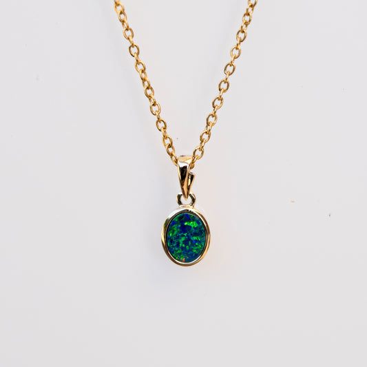 Australian Opal in 14K Solid Yellow Gold - Eternal Multi Color Fire Opal Necklace - Genuine Australian Doublet Opal Gem Stone Pendant