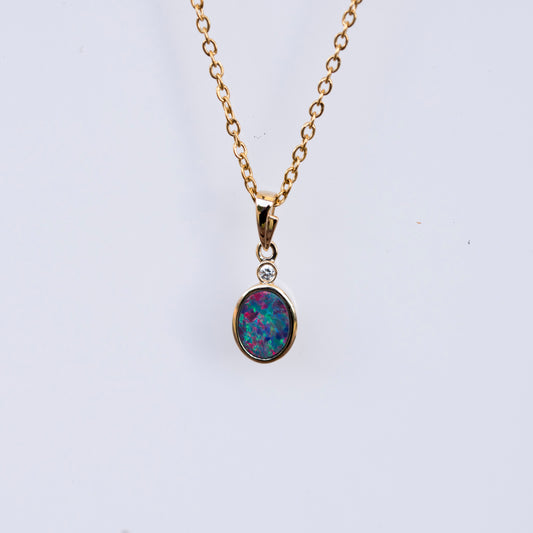 Australian Opal in 14K Solid Yellow Gold - Multi Color Fire Opal Necklace -  Genuine Australian Doublet Opal Gem Stone Pendant