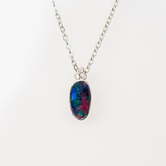 Australian Opal in 14K Solid White Gold - Multi Color Fire Opal Necklace -  Genuine Australian Doublet Opal Gem Stone Pendant