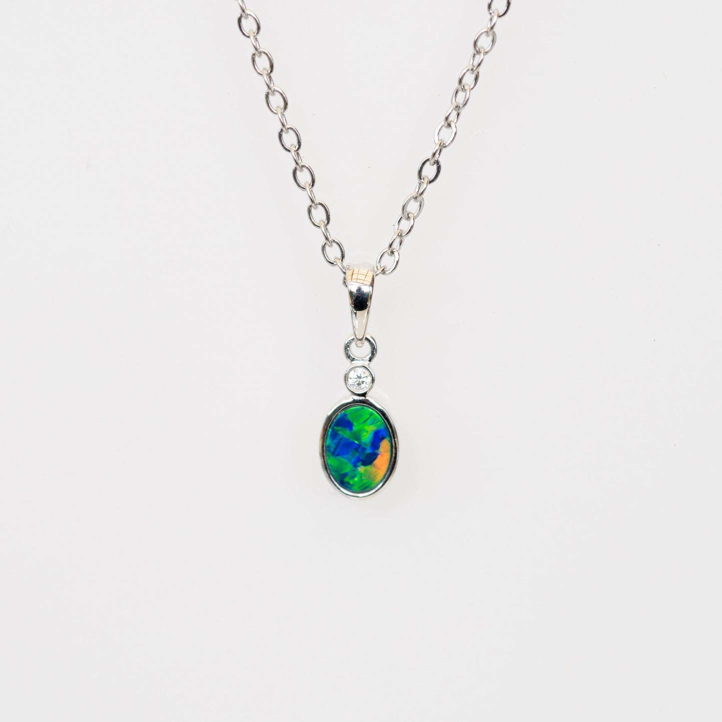 Australian Opal in 14K Solid White Gold - Multi Color Fire Opal Necklace - Natural Genuine Australian Doublet Opal Gem Stone Pendant