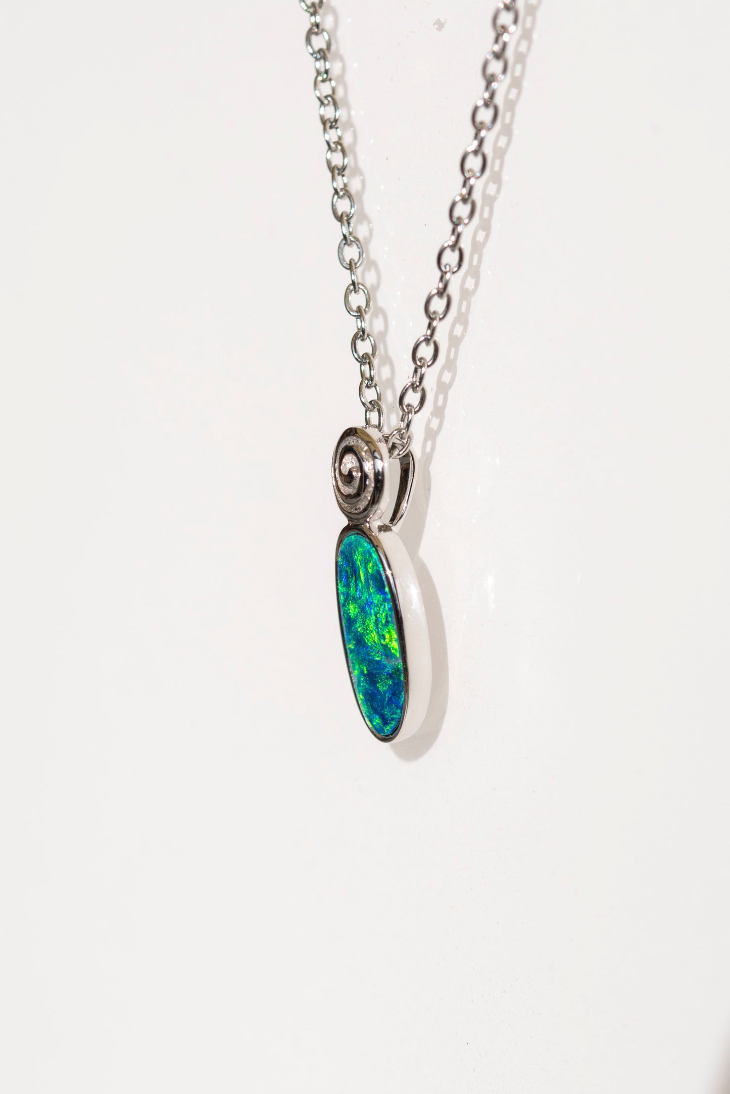 Natural Australian Opal in 14K Solid White Gold - Multi Color Fire Opal Necklace - Genuine Australian Doublet Opal Gem Stone Pendant
