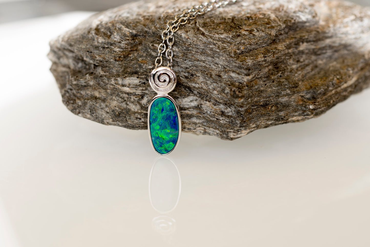 Natural Australian Opal in 14K Solid White Gold - Multi Color Fire Opal Necklace - Genuine Australian Doublet Opal Gem Stone Pendant