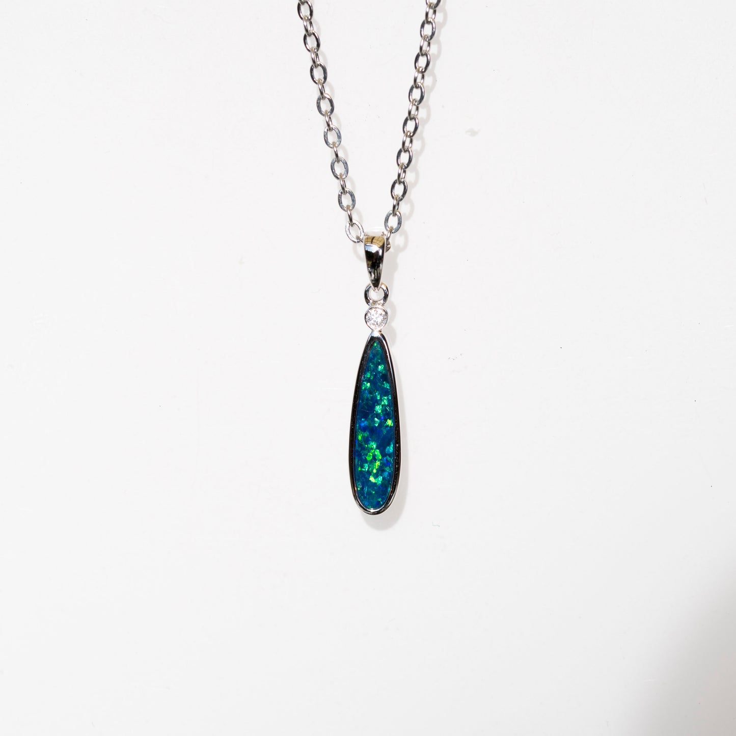 Australian Opal in 14K Solid White Gold - Multi Color Fire Opal Necklace -  Genuine Australian Doublet Opal Gem Stone Pendant