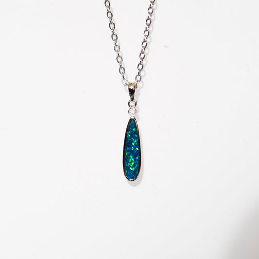 Australian Opal in 14K Solid White Gold - Multi Color Fire Opal Necklace -  Genuine Australian Doublet Opal Gem Stone Pendant