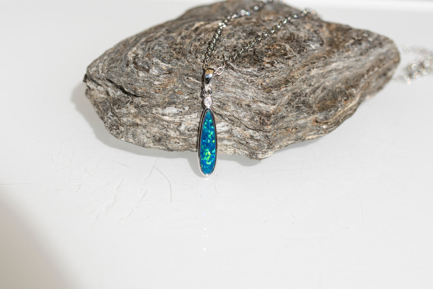 Australian Opal in 14K Solid White Gold - Multi Color Fire Opal Necklace -  Genuine Australian Doublet Opal Gem Stone Pendant