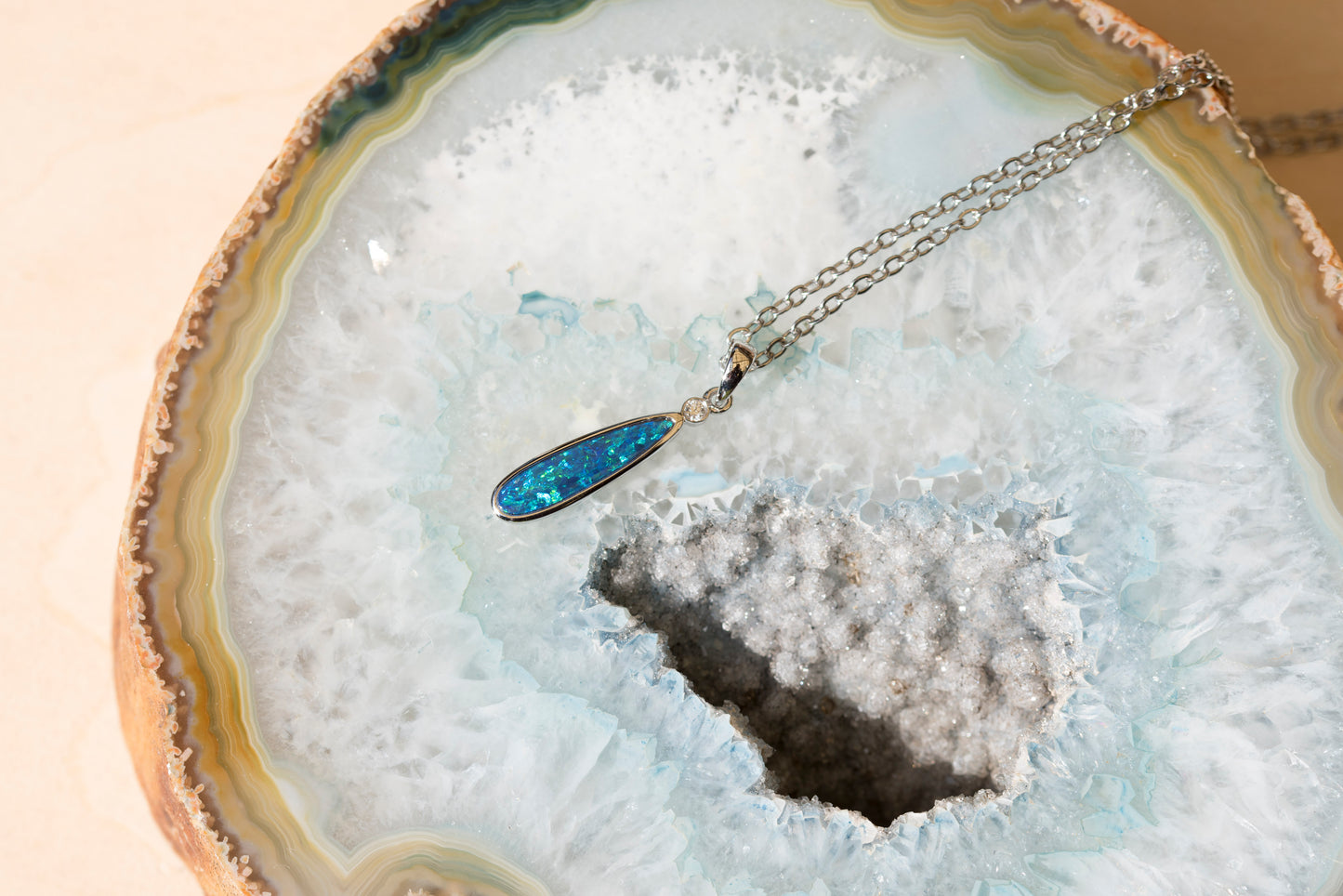 Australian Opal in 14K Solid White Gold - Multi Color Fire Opal Necklace -  Genuine Australian Doublet Opal Gem Stone Pendant
