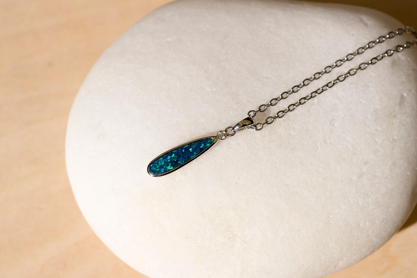 Australian Opal in 14K Solid White Gold - Multi Color Fire Opal Necklace -  Genuine Australian Doublet Opal Gem Stone Pendant