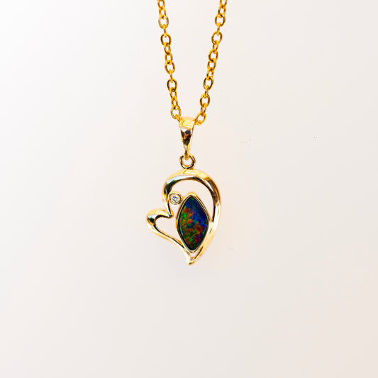 Australian Opal in 14K Solid Yellow Gold - Luxury Multi Color Fire Opal Necklace - Genuine Australian Doublet Opal Gem Stone Pendant