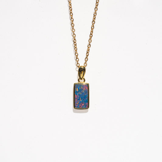 Genuine Australian Fire Opal Necklace - Authentic Australian Doublet Opal Pendant Necklace in Sterling Silver Yellow Gold Plated