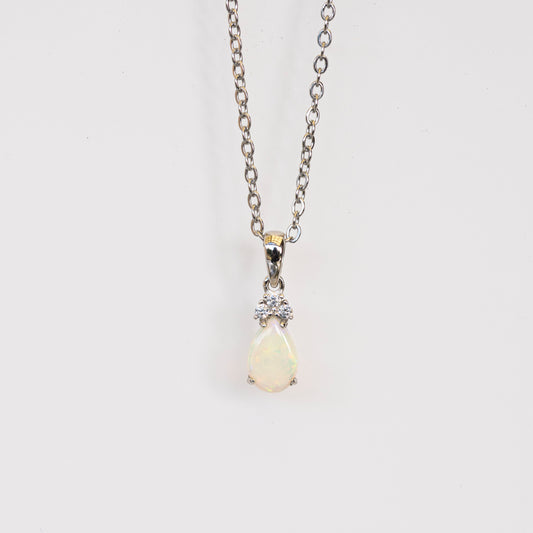 Hand Crafted Australian Opal Pendant - Multi Color Dainty Necklace in Sterling Silver White Gold Plated