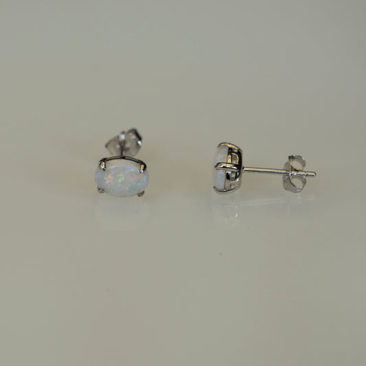 Simple Design Genuine Australian Opal Jewelry - Australian Opal Earrings in Sterling Silver White Gold Plated