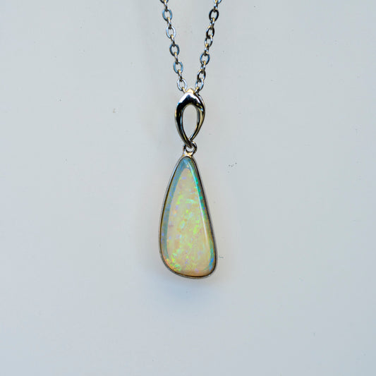 Australian White Crystal Opal - Genuine Authentic Multi Color Fire Opal Necklace -  Solid Opal Gem Stone Pendant in Sterling Silver White Gold Plated