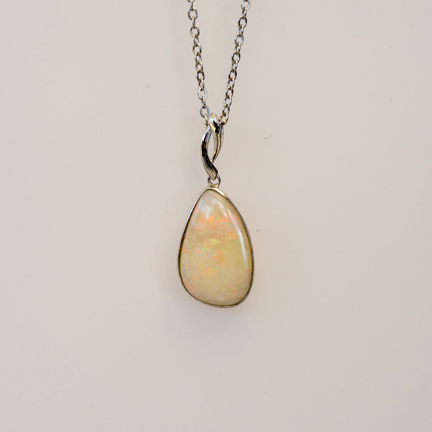 Australian Cystal White Opal - Genuine Authentic Multi Color Fire Opal Necklace - Solid Opal Gem Stone Pendant in Sterling Silver White Gold Plated