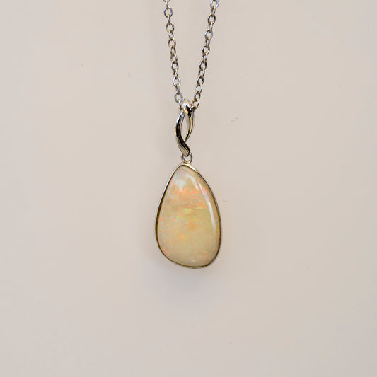 Australian Cystal White Opal - Genuine Authentic Multi Color Fire Opal Necklace - Solid Opal Gem Stone Pendant in Sterling Silver White Gold Plated