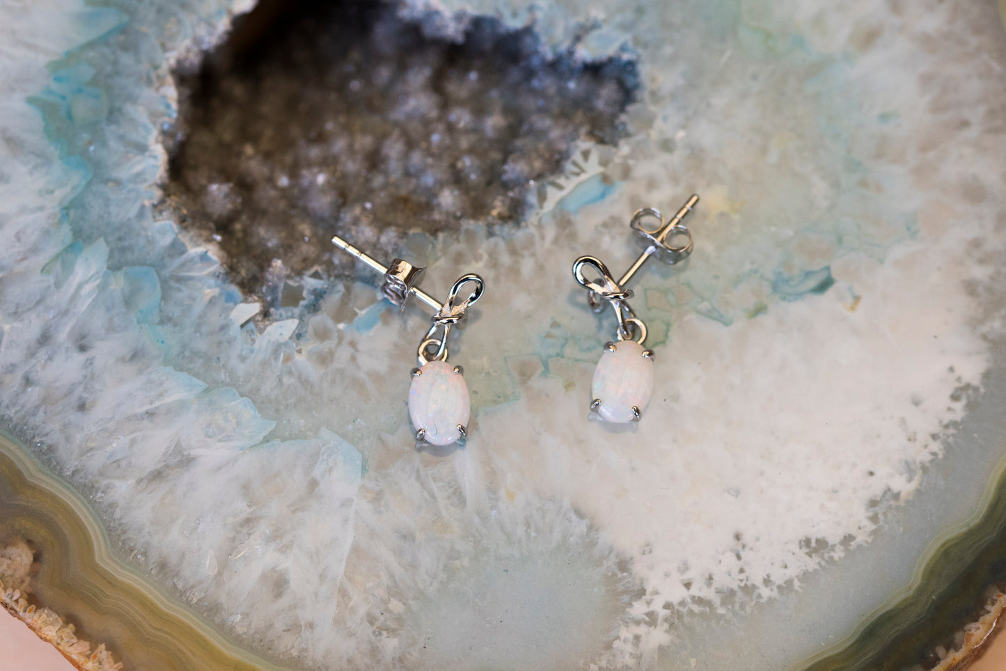 Natural Australian Opal Jewelry - Authentic Australian Solid White Opal Earrings in Sterling Silver White Gold Plated
