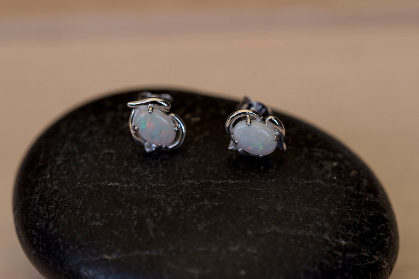 Genuine Australian Opal Earrings - Authentic Australian Solid White Opal Earrings in Sterling Silver White Gold Plated